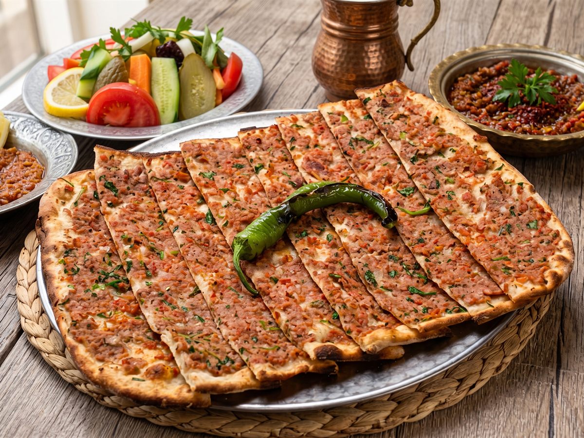 Hasır altlık üzerinde tepside dilimlenmiş kıymalı pide ve közlenmiş biber – Tutku Pide